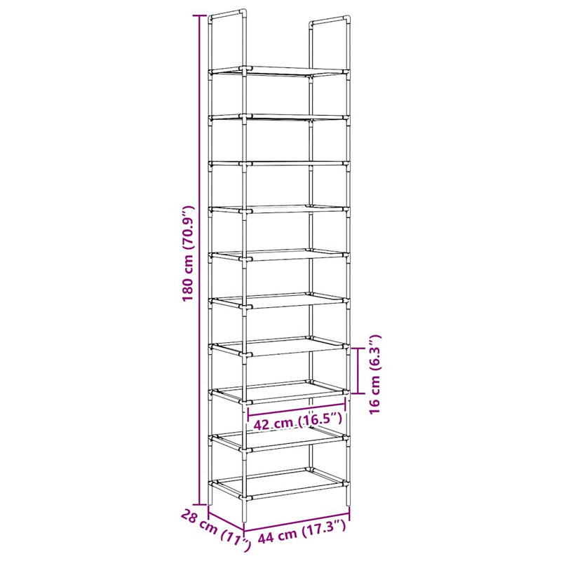 vidaXL fekete nem szőtt szövetből cipőállvány 10 szintes 44x28x180 cm