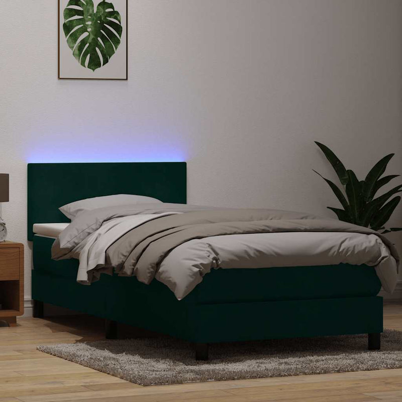 vidaXL sötétzöld bársony rugós és LED-es ágy matraccal 90x210 cm