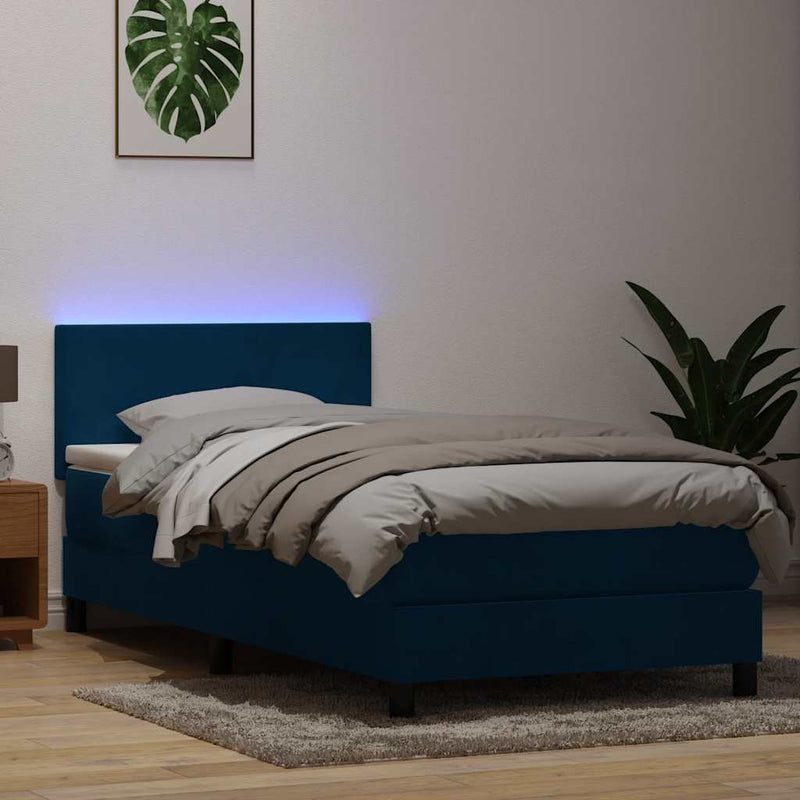 vidaXL sötétkék bársony rugós és LED-es ágy matraccal 90x210 cm