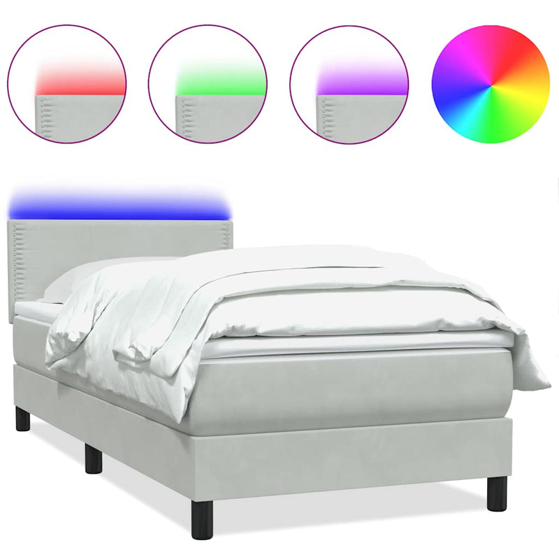 vidaXL világosszürke bársony rugós és LED-es ágy matraccal 90x210 cm