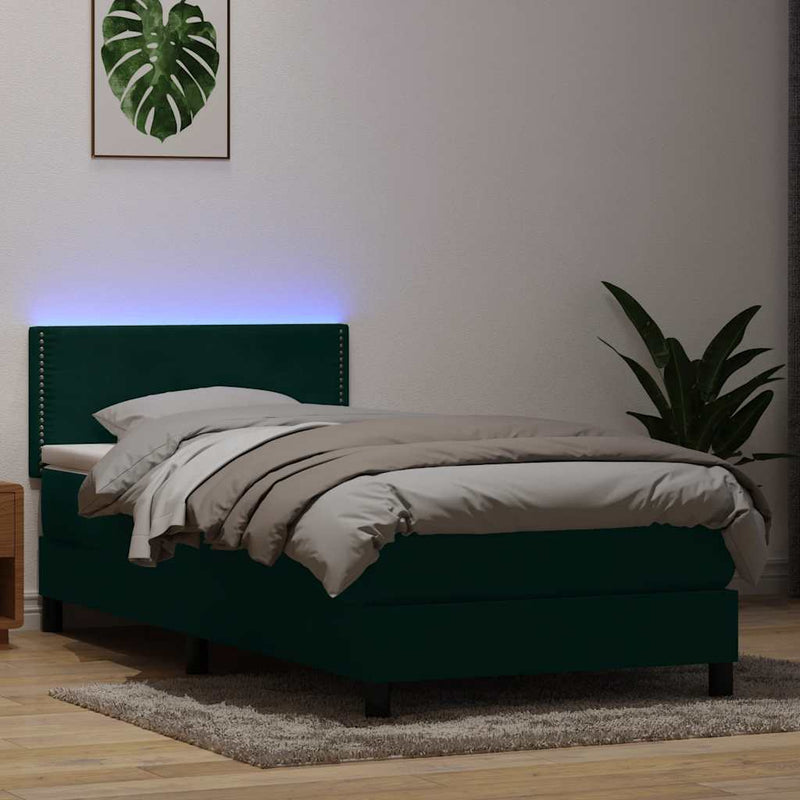 vidaXL sötétzöld bársony rugós és LED-es ágy matraccal 90x210 cm