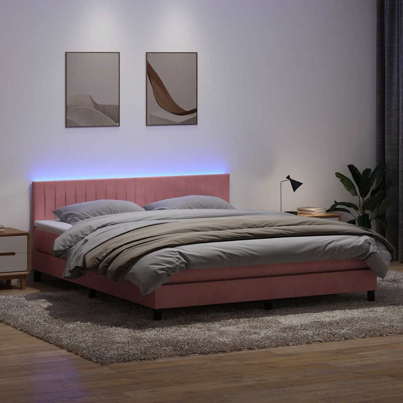 vidaXL rózsaszín bársony rugós és LED-es ágy matraccal 180x210 cm