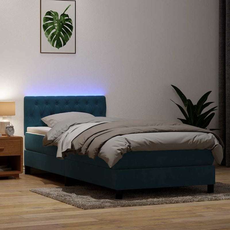 vidaXL sötétkék bársony rugós és LED-es ágy matraccal 90x210 cm