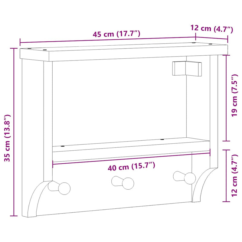 vidaXL SANDNES tömör fenyőfa falra szerelt kabátállvány 45x12x35 cm