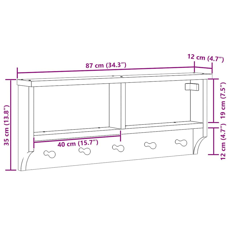 vidaXL SANDNES tömör fenyőfa falra szerelt kabátállvány 87x12x35 cm