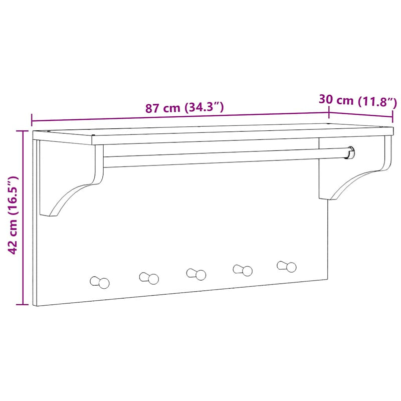 vidaXL SANDNES tömör fenyőfa falra szerelt kabátállvány 87x30x42 cm