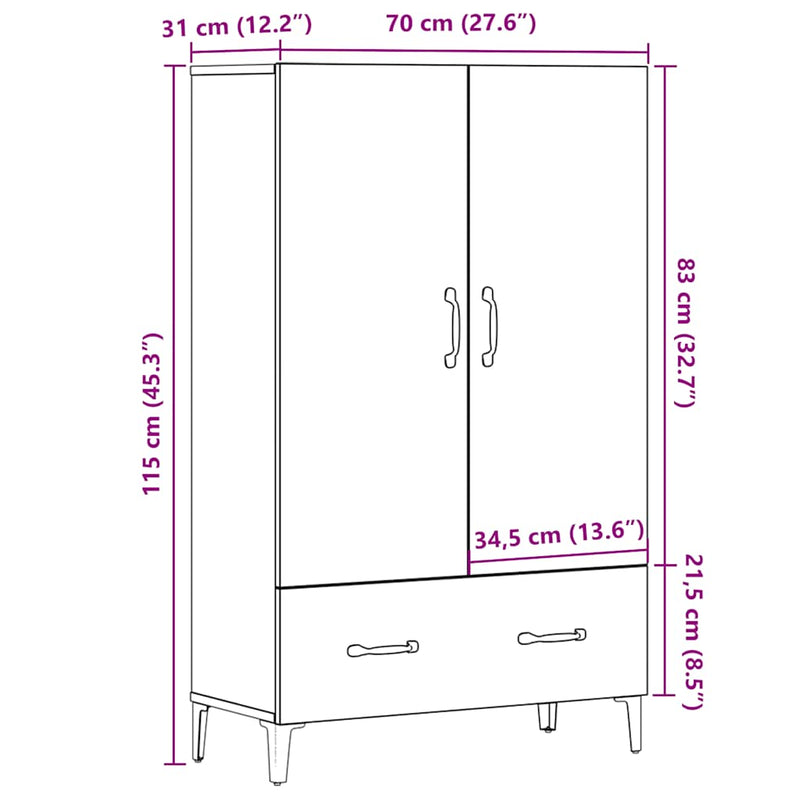 vidaXL Highboard régi fa 70x31x115 cm gépesített fa