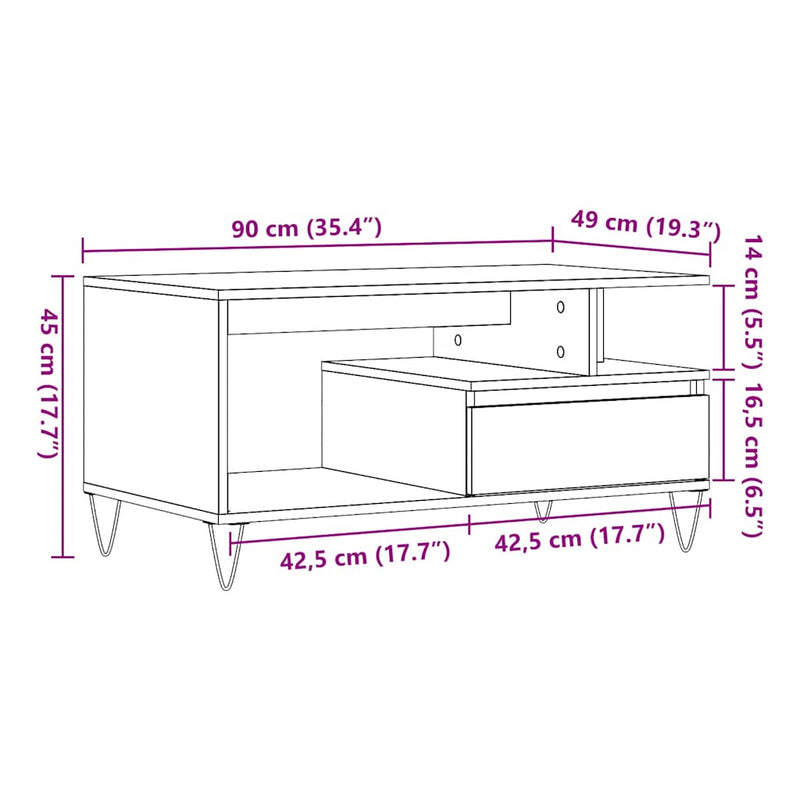 vidaXL kézműves tölgy színű szerelt fa dohányzóasztal 90x49x45 cm