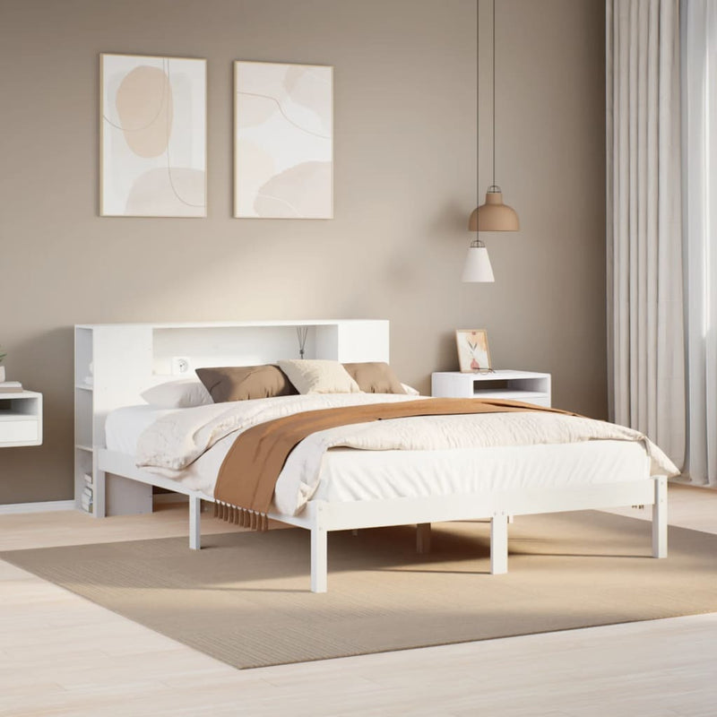 vidaXL fehér tömör fenyőfa könyvespolcos ágy matrac nélkül 135x190 cm