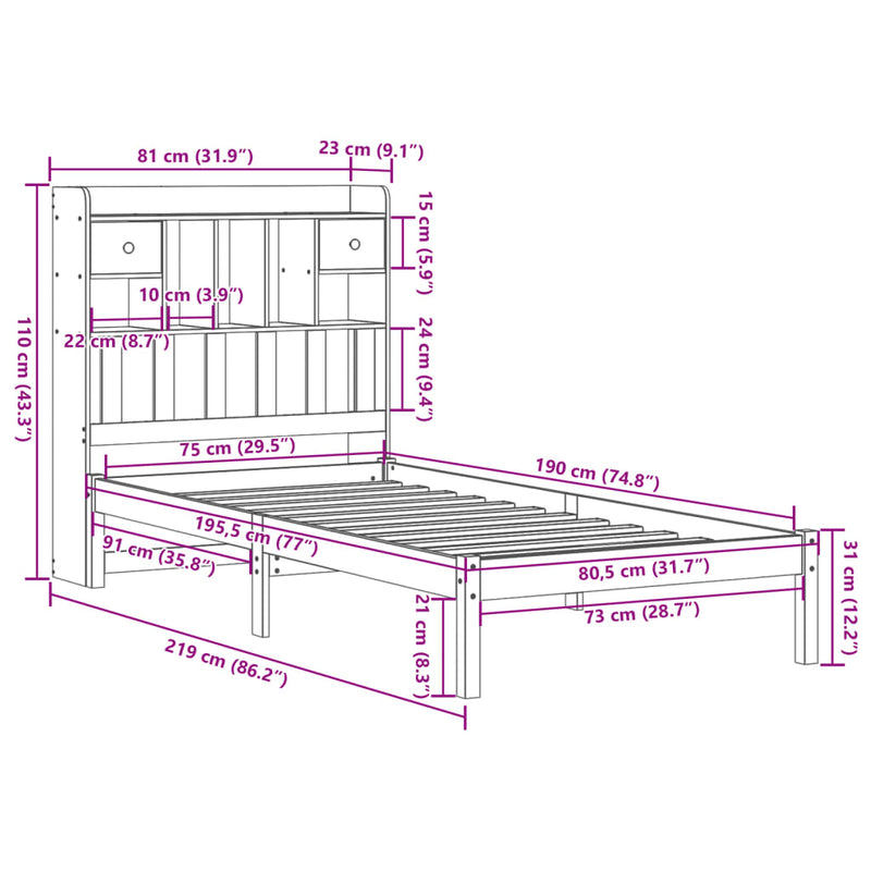 vidaXL tömör fenyőfa könyvespolcos ágy matrac nélkül 75 x 190 cm