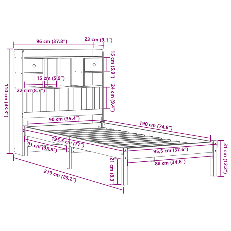 vidaXL tömör fenyőfa könyvespolcos ágy matrac nélkül 90 x 190 cm