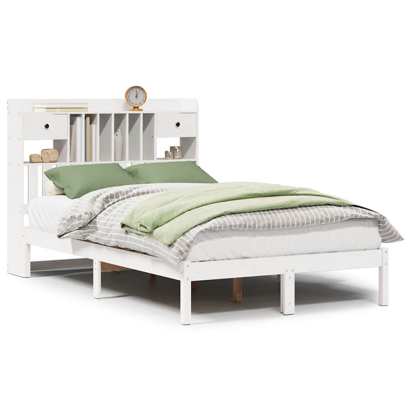 vidaXL fehér tömör fenyőfa könyvespolcos ágy matrac nélkül 135x190 cm