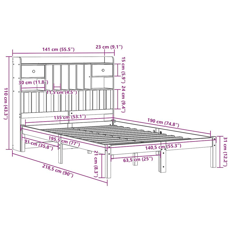 vidaXL fehér tömör fenyőfa könyvespolcos ágy matrac nélkül 135x190 cm