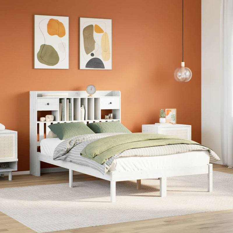 vidaXL fehér tömör fenyőfa könyvespolcos ágy matrac nélkül 135x190 cm