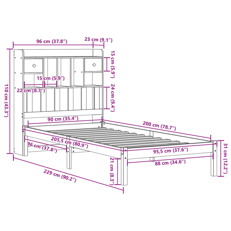 vidaXL tömör fenyőfa könyvespolcos ágy matrac nélkül 90 x 200 cm