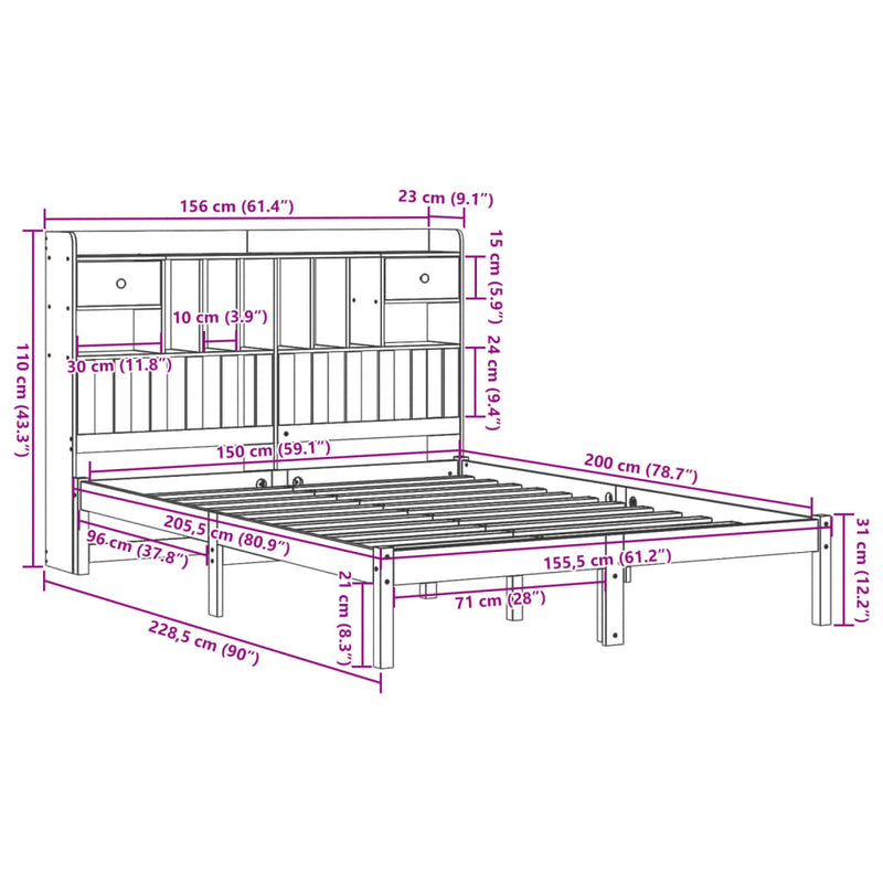 vidaXL fehér tömör fenyőfa könyvespolcos ágy matrac nélkül 150x200 cm
