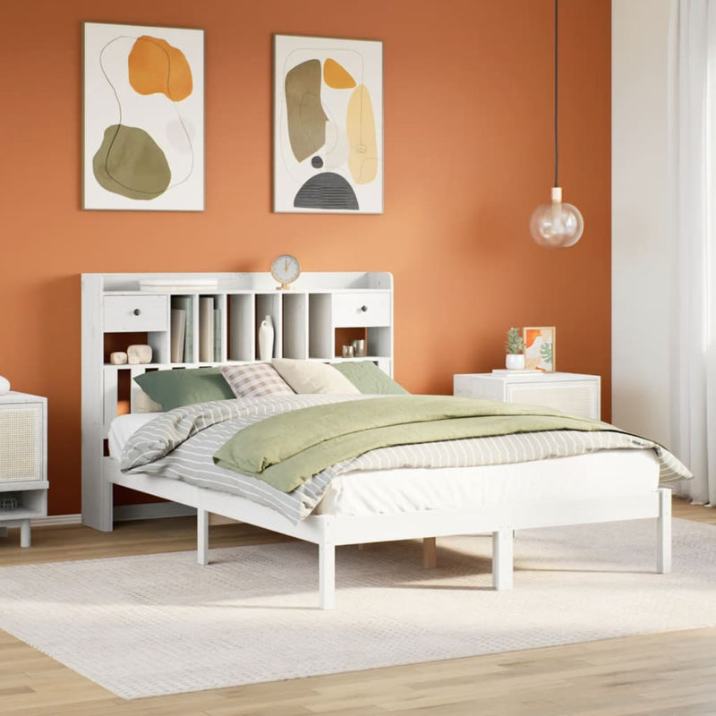 vidaXL fehér tömör fenyőfa könyvespolcos ágy matrac nélkül 150x200 cm