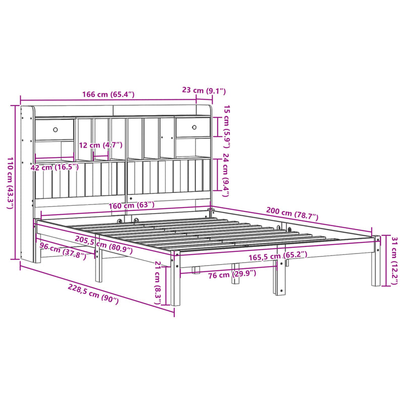 vidaXL fehér tömör fenyőfa könyvespolcos ágy matrac nélkül 160x200 cm