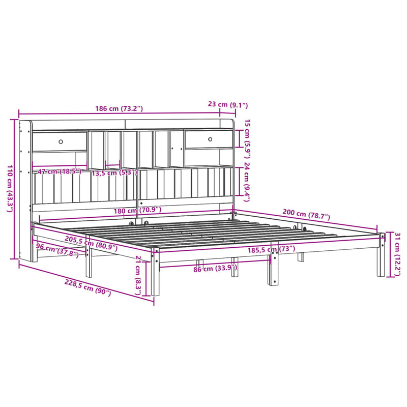 vidaXL tömör fenyőfa könyvespolcos ágy matrac nélkül 180 x 200 cm