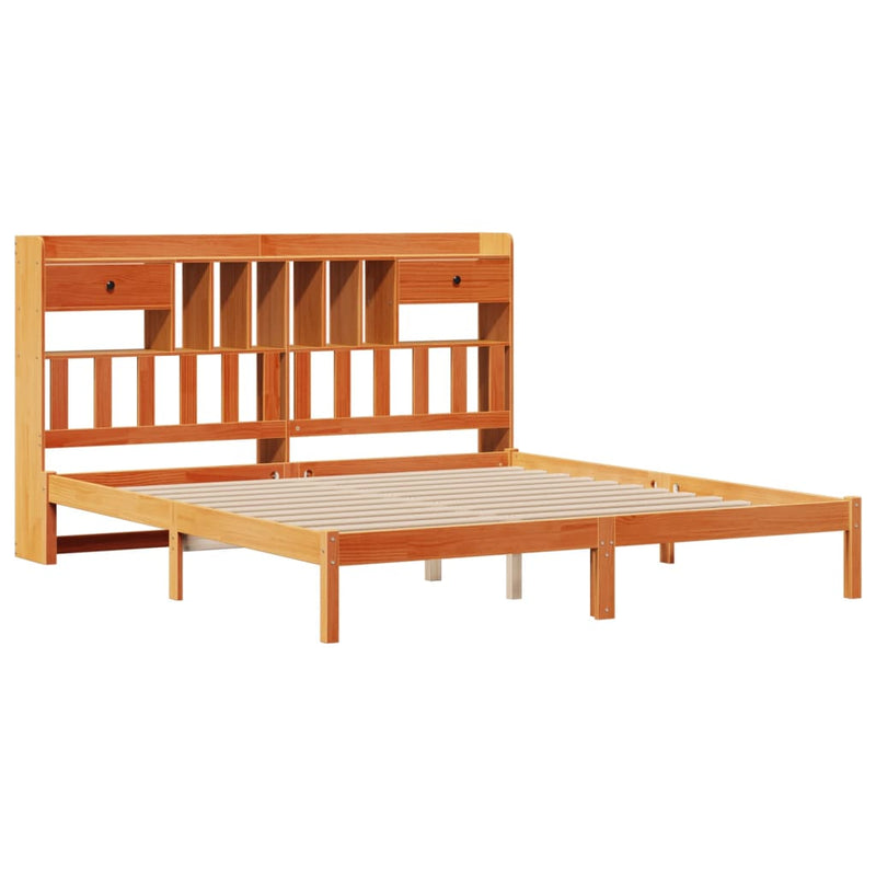 vidaXL barna tömör fenyőfa könyvespolcos ágy matrac nélkül 180 x 200cm