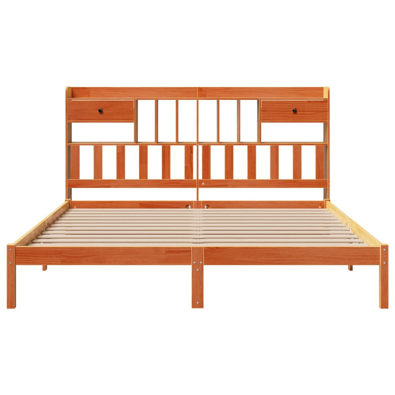 vidaXL barna tömör fenyőfa könyvespolcos ágy matrac nélkül 180 x 200cm
