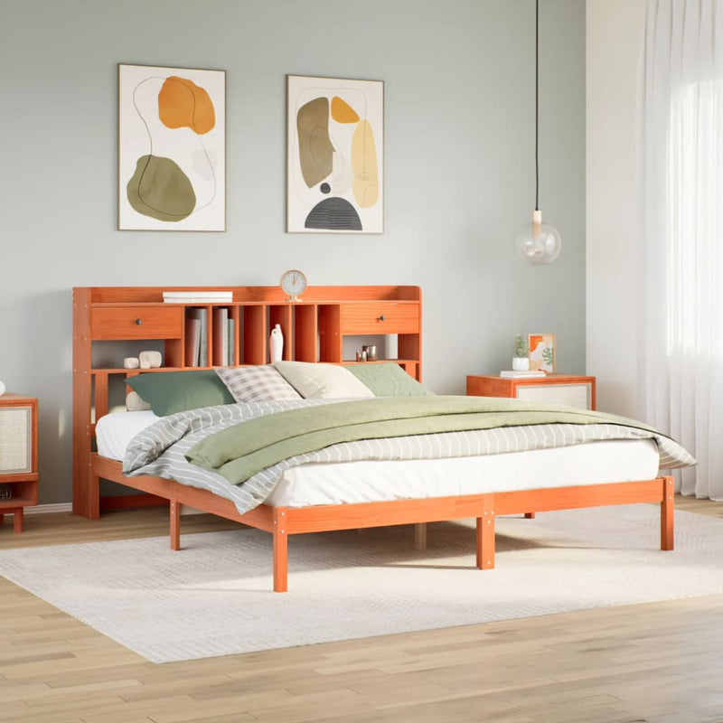 vidaXL barna tömör fenyőfa könyvespolcos ágy matrac nélkül 180 x 200cm