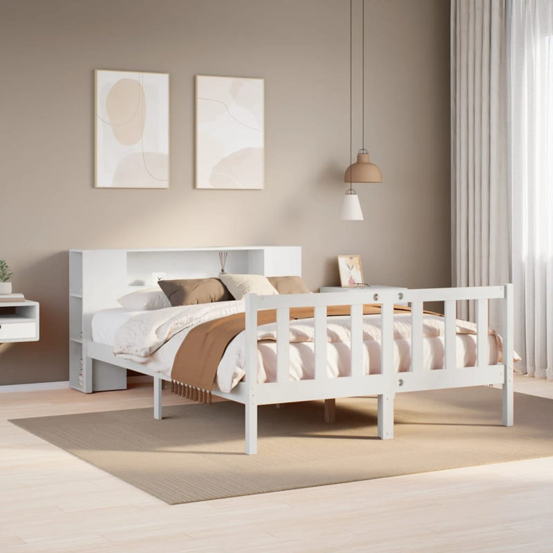 vidaXL fehér tömör fenyőfa könyvespolcos ágy matrac nélkül 135x190 cm