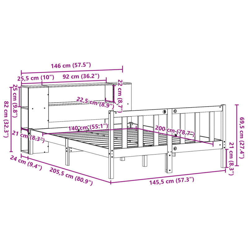 vidaXL tömör fenyőfa könyvespolcos ágy matrac nélkül 140 x 200 cm
