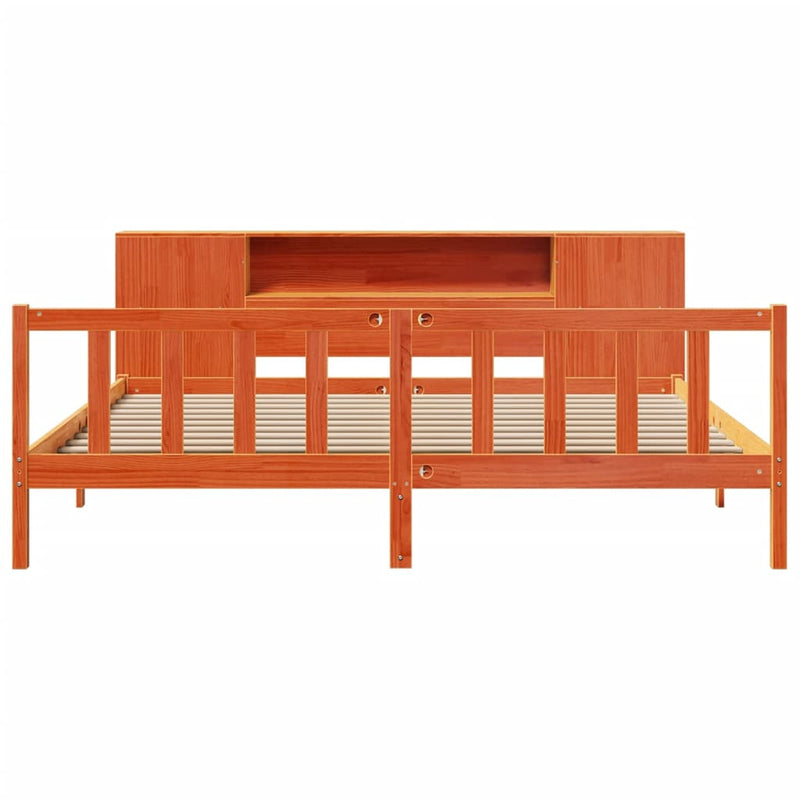 vidaXL barna tömör fenyőfa könyvespolcos ágy matrac nélkül 200 x 200cm