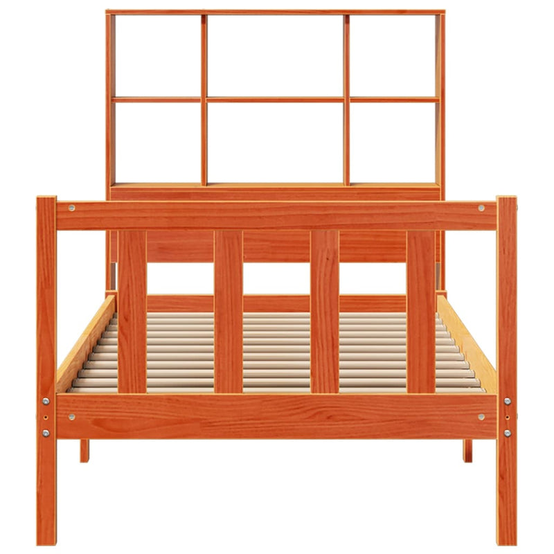 vidaXL barna tömör fenyőfa könyvespolcos ágy matrac nélkül 90 x 190 cm