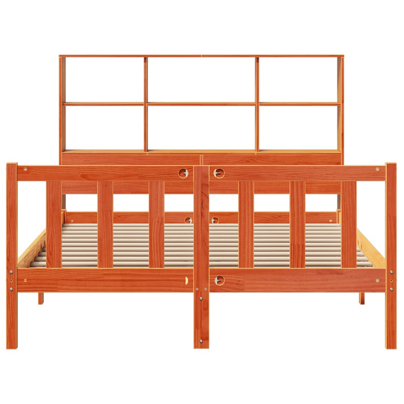 vidaXL barna tömör fenyőfa könyvespolcos ágy matrac nélkül 120 x 190cm