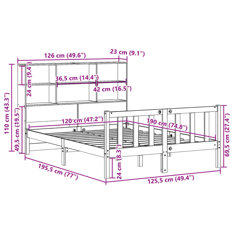 vidaXL barna tömör fenyőfa könyvespolcos ágy matrac nélkül 120 x 190cm