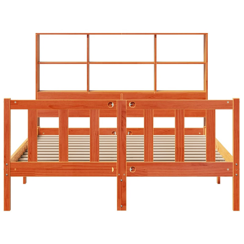 vidaXL barna tömör fenyőfa könyvespolcos ágy matrac nélkül 140 x 200cm
