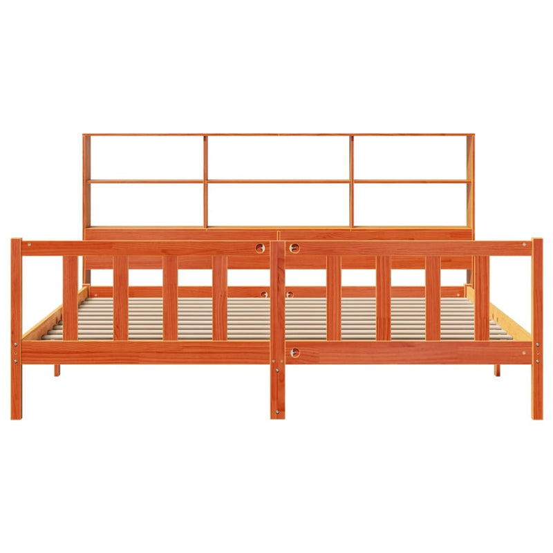 vidaXL barna tömör fenyőfa könyvespolcos ágy matrac nélkül 200 x 200cm