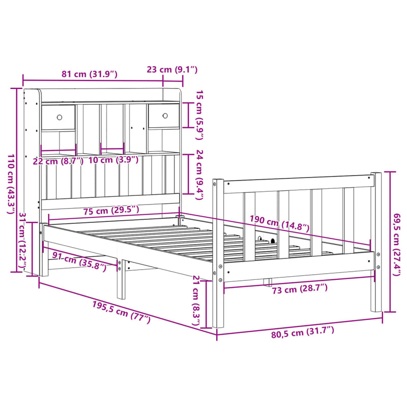 vidaXL tömör fenyőfa könyvespolcos ágy matrac nélkül 75 x 190 cm