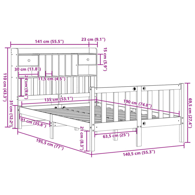 vidaXL fehér tömör fenyőfa könyvespolcos ágy matrac nélkül 135x190 cm