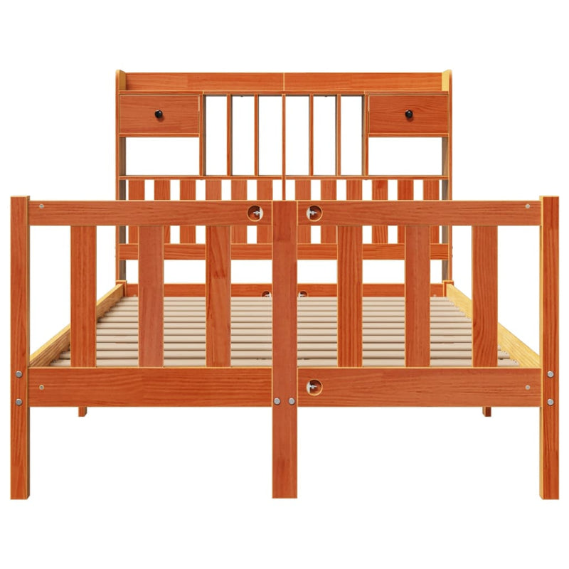 vidaXL barna tömör fenyőfa könyvespolcos ágy matrac nélkül 135 x 190cm