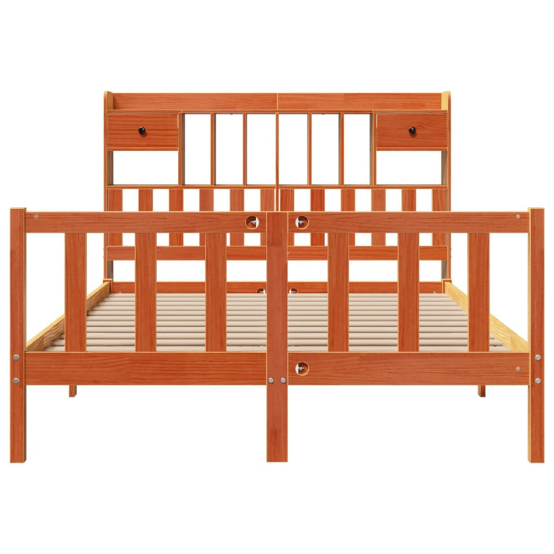 vidaXL barna tömör fenyőfa könyvespolcos ágy matrac nélkül 140 x 200cm