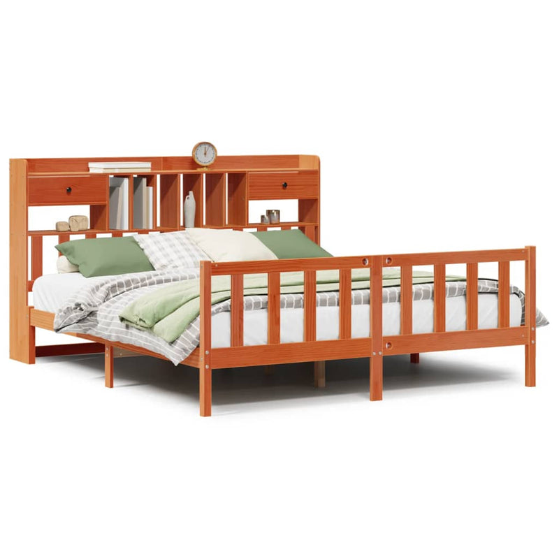 vidaXL barna tömör fenyőfa könyvespolcos ágy matrac nélkül 180 x 200cm