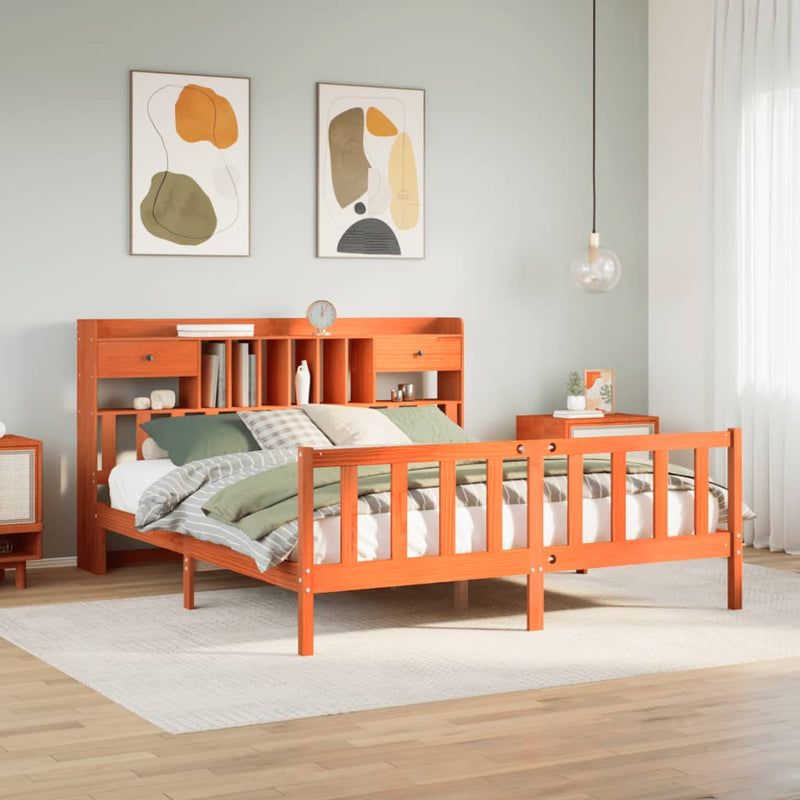 vidaXL barna tömör fenyőfa könyvespolcos ágy matrac nélkül 180 x 200cm