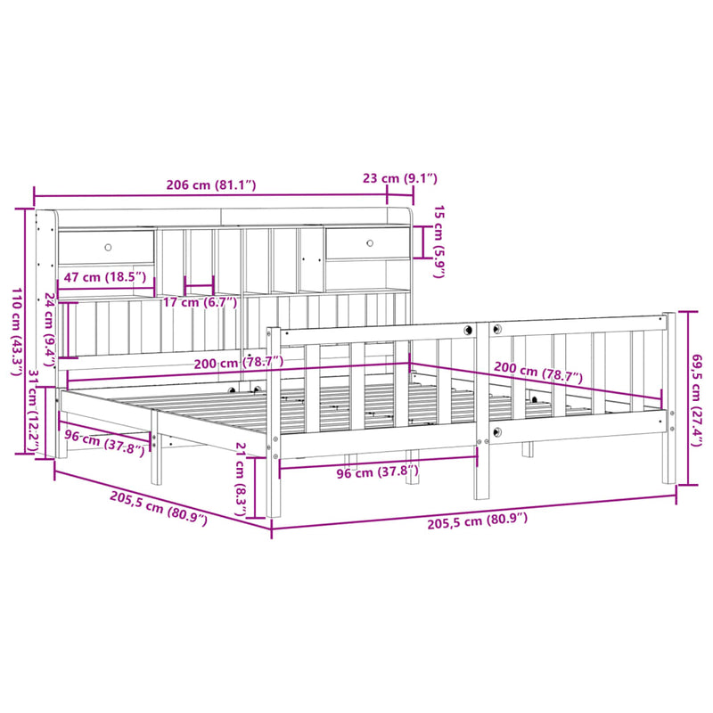 vidaXL barna tömör fenyőfa könyvespolcos ágy matrac nélkül 200 x 200cm