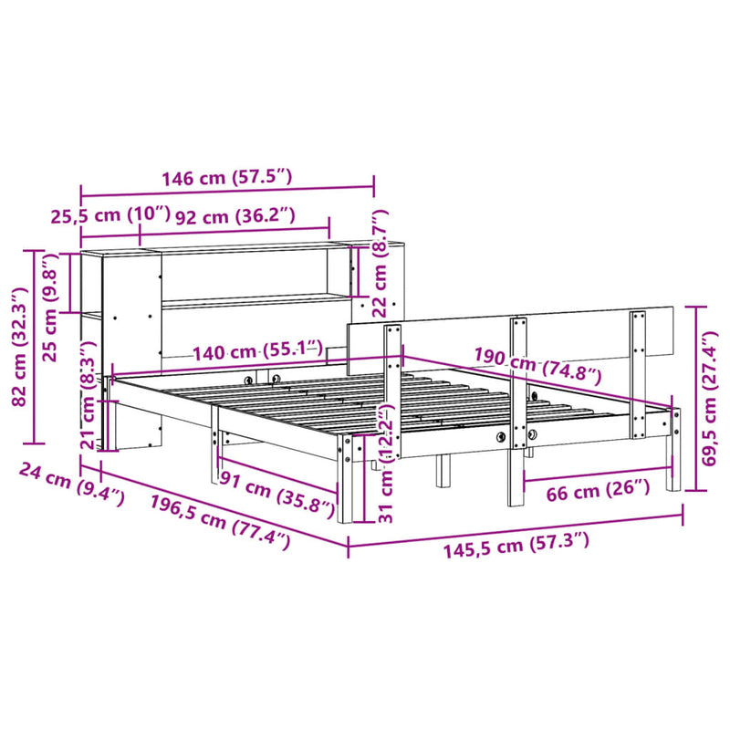 vidaXL tömör fenyőfa könyvespolcos ágy matrac nélkül 140 x 190 cm