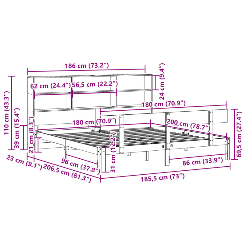 vidaXL tömör fenyőfa könyvespolcos ágy matrac nélkül 180 x 200 cm