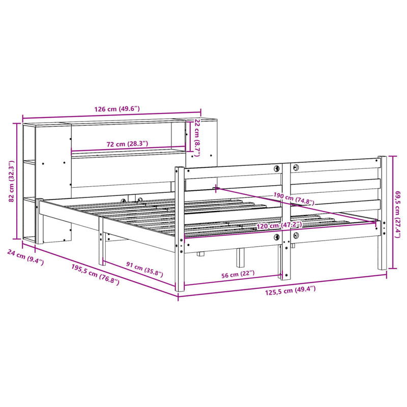 vidaXL tömör fenyőfa könyvespolcos ágy matrac nélkül 120 x 190 cm