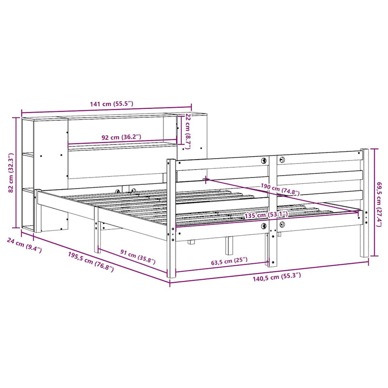 vidaXL fehér tömör fenyőfa könyvespolcos ágy matrac nélkül 135x190 cm