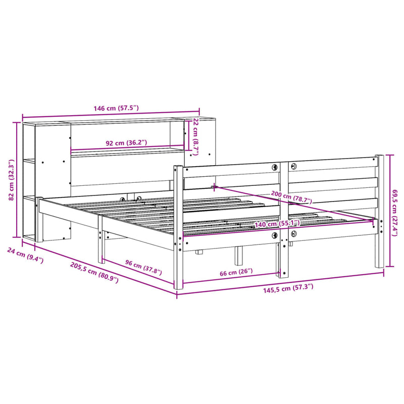 vidaXL tömör fenyőfa könyvespolcos ágy matrac nélkül 140 x 200 cm