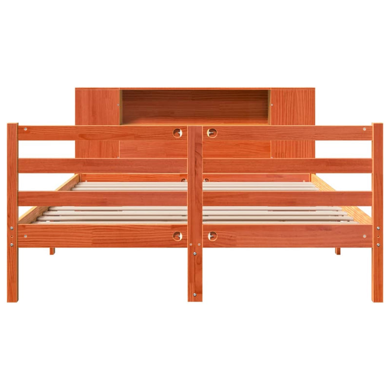 vidaXL barna tömör fenyőfa könyvespolcos ágy matrac nélkül 120 x 190cm