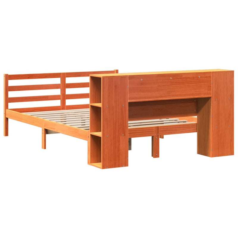 vidaXL barna tömör fenyőfa könyvespolcos ágy matrac nélkül 140 x 190cm