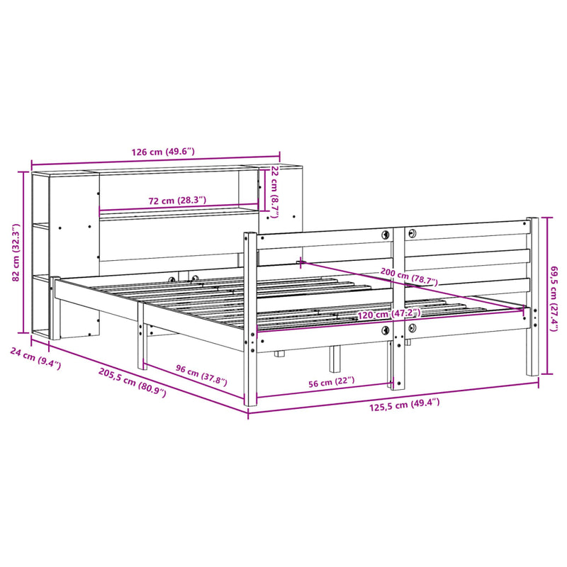vidaXL barna tömör fenyőfa könyvespolcos ágy matrac nélkül 120 x 200cm