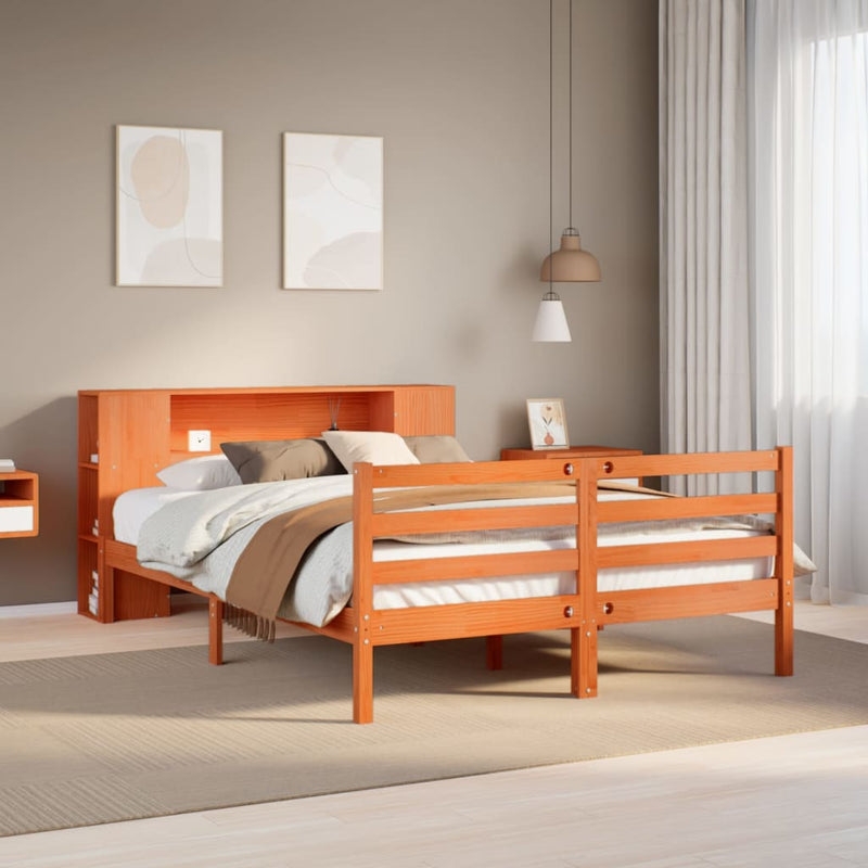 vidaXL barna tömör fenyőfa könyvespolcos ágy matrac nélkül 160 x 200cm